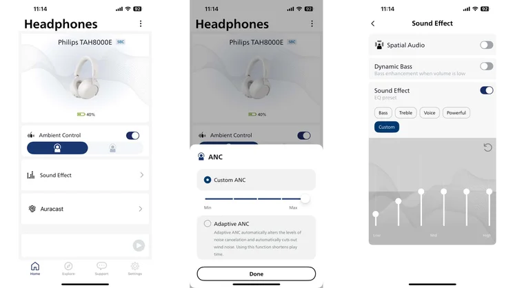 Three screenshots from the Philips Headphones app showing the Home page, ANC options and Sound Effect options