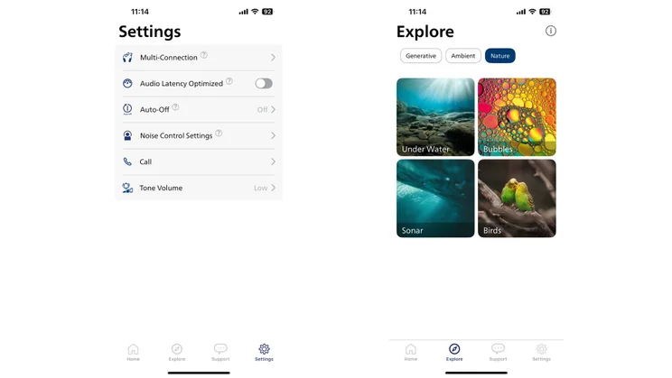 Two screenshots from the Philips Headphones app showing the Settings page and Explore ambient options