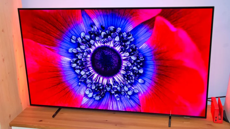 The Philips OLED760 TV displaying a red and purple flower close-up