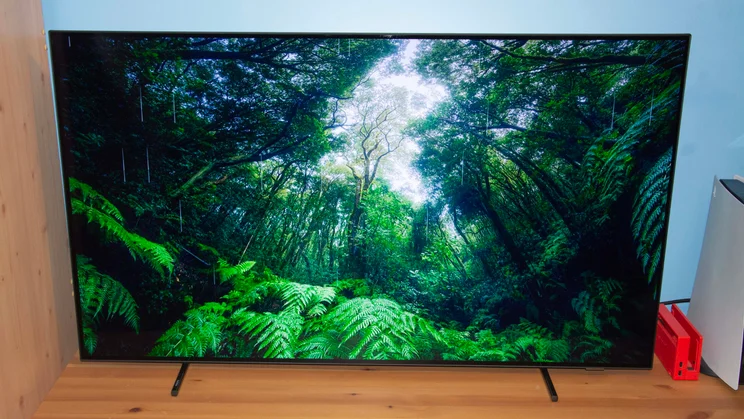 Front view of the Philips OLED760 TV displaying a rainforest scene