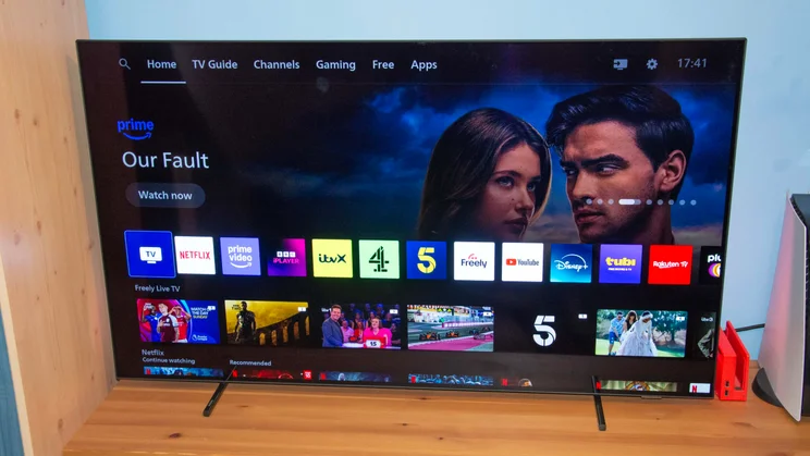 Front view of the Philips OLED760 TV displaying the Titan OS homepage