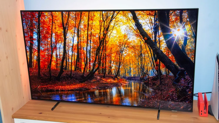 Front view of the Philips OLED760 TV displaying a sun-dappled woodland scene