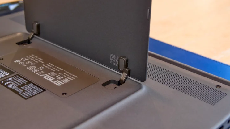 A close up of the kickstand hinge mechanism of the Zenbook Duo 2026