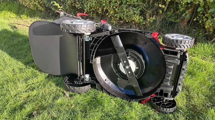 The underside of the Cobra MX4340VX lawn mower, showing its blades