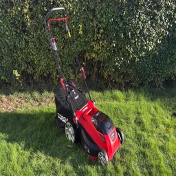 The Cobra MX4340VX lawn mower on a lawn in front of a hedge