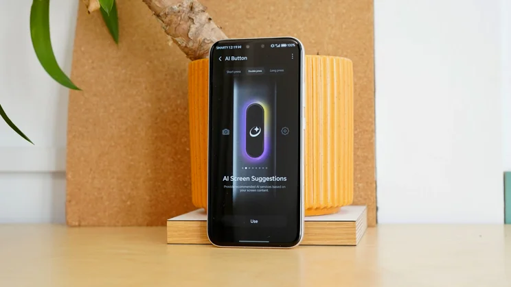 Honor Magic 8 Pro, front view, showing AI button options on the display