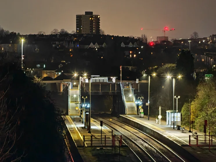 10x zoom of train tracks at night