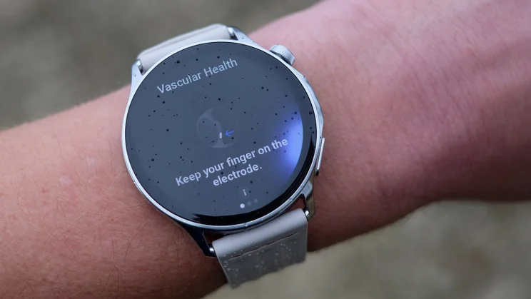 OnePlus Watch Lite on wrist, showing the vascular health screen
