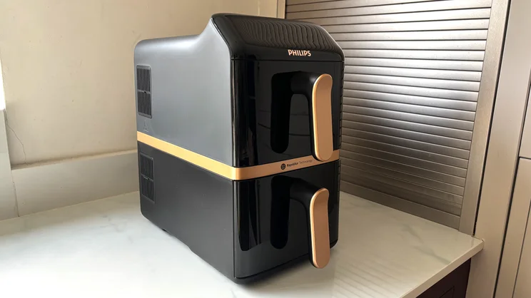 The Philips 4000 Series Stacked Dual Basket Air Fryer on a kitchen worktop