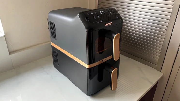 The Philips 4000 Series Stacked Dual Basket Air Fryer on a kitchen worktop