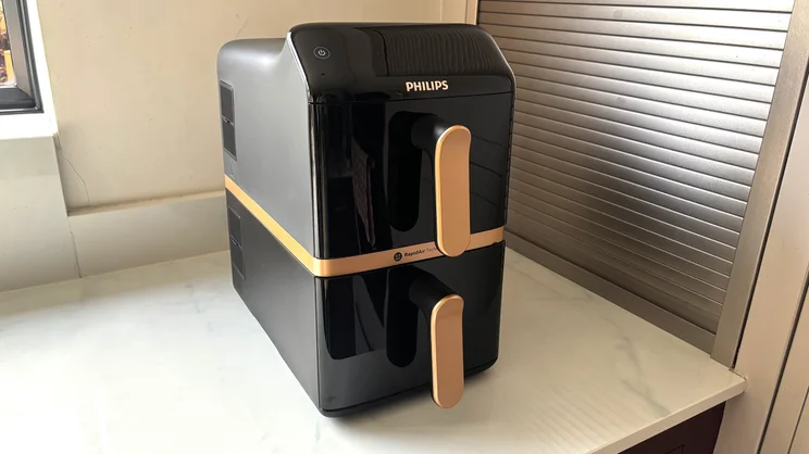 The Philips 4000 Series Stacked Dual Basket Air Fryer on a kitchen worktop