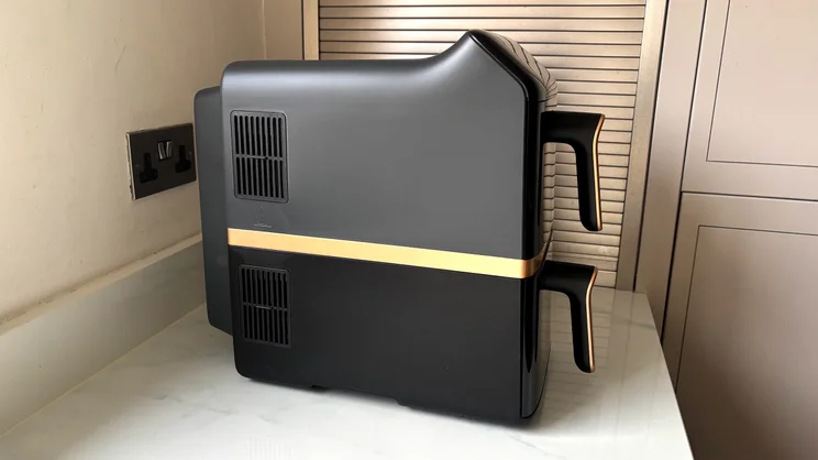 The Philips 4000 Series Stacked Dual Basket Air Fryer viewed from the side