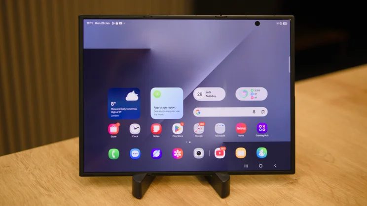 The Samsung Galaxy Z TriFold, unfolded, pictured showing the main homescreen