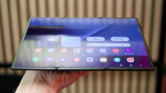 Samsung Galaxy Z TriFold unfolded, pictured from a low angle