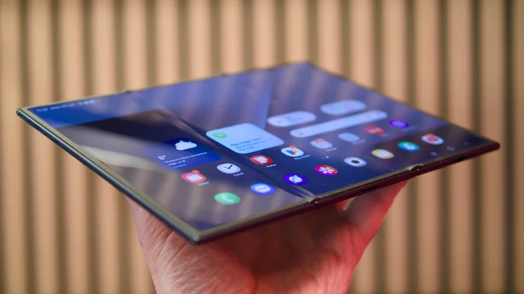 The Samsung Galaxy Z TriFold, unfolded, pictured from the bottom left corner