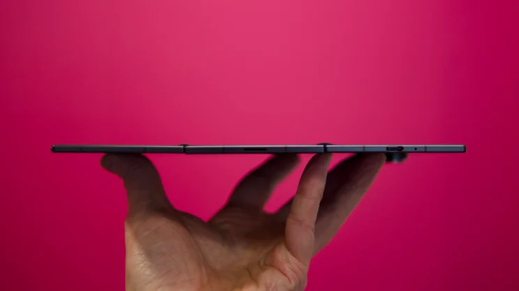 The Samsung Galaxy Z TriFold, unfolded, pictured side on