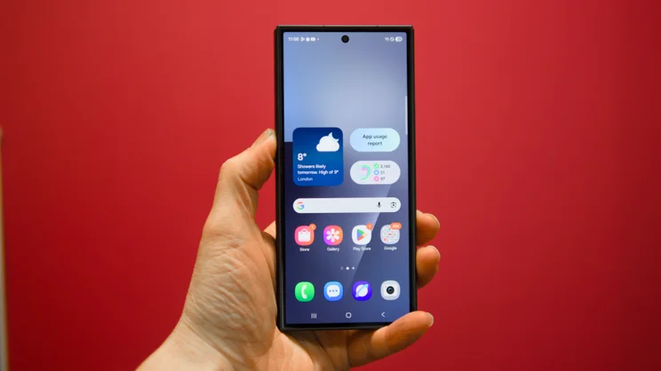 The Samsung Galaxy Z TriFold, folded, pictured from the front against a pink background