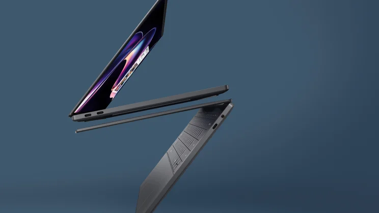 Side on view of the Dell XPS 14 and XPS 16 (2026) against a blue background