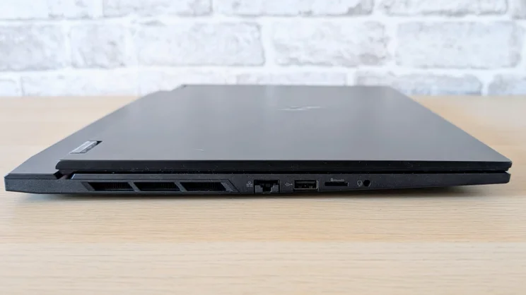 The Acer Nitro 16S AI, closed, pictured from the left edge