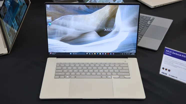 The Asus Zenbook A16 (2026), ope, pictured from in front