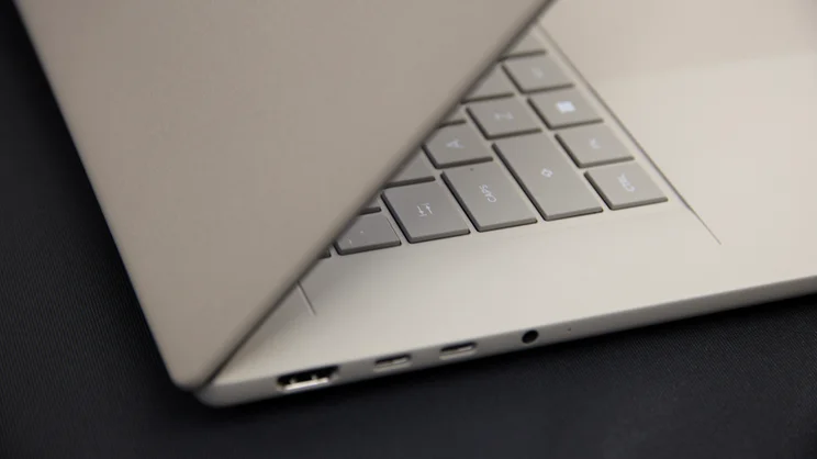 The Asus Zenbook A16 (2026), pictured from the left edge