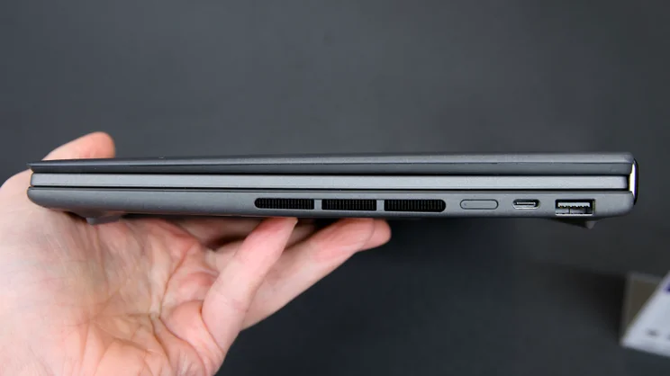 The Asus Zenbook Duo (2026) closed with the keyboard sandwiched between the twin screens, from the right edge