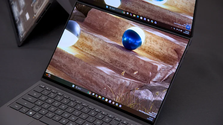 The Asus Zenbook Duo (2026) in desktop mode with the screens set up in landscape
