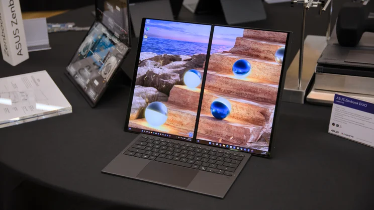 The Asus Zenbook Duo (2026) pictured in desktop mode with the displays in portrait orientation