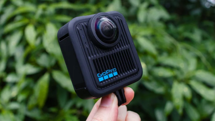 The GoPro Max 2 pictured at an angle from the front