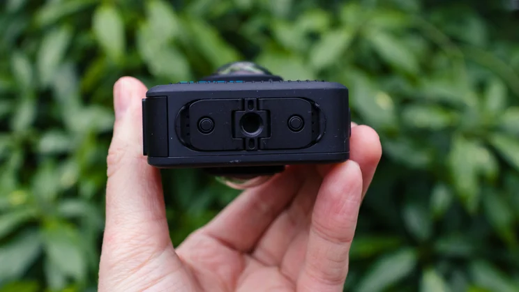 The GoPro Max 2 showing its threaded tripod mount and finger mounts