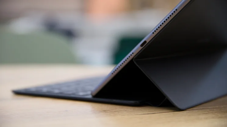 The Huawei MatePad 11.5 S (2026), docked in its keyboard case, viewed from the rear right side