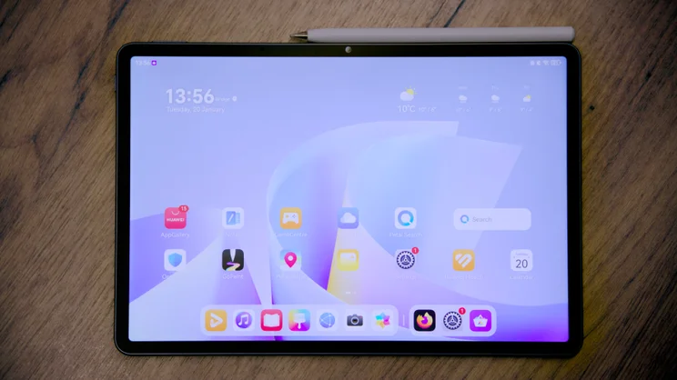 The Huawei MatePad 11.5 S (2026) in landscape orientation, on a wood table