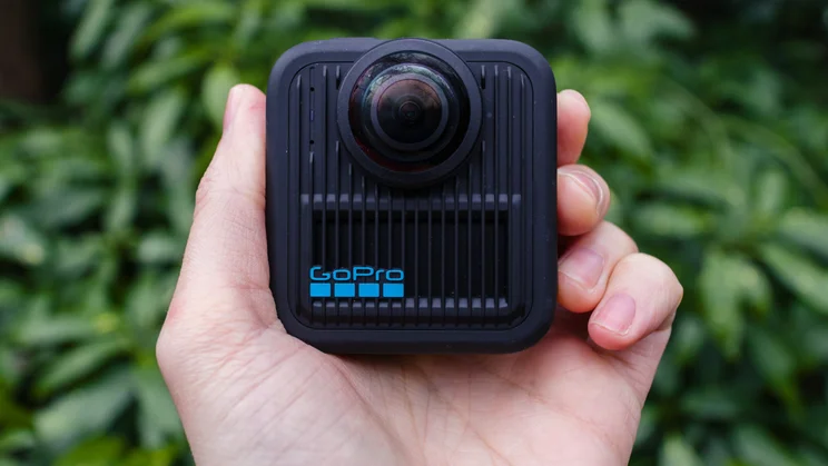 The front of the GoPro Max 2, shown held in hand