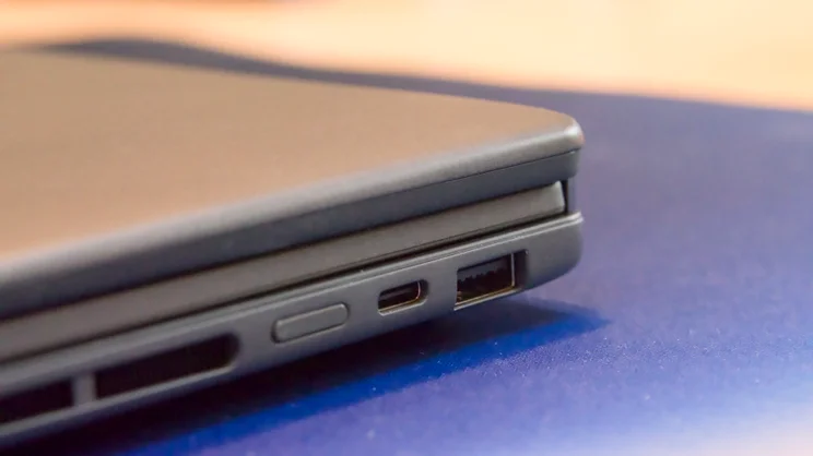 The rear right corner of the the Asus Zenbook Duo 2026, closed, close up