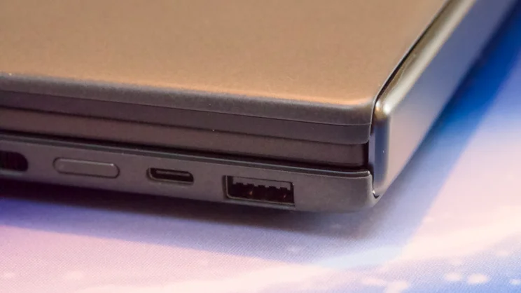 The rear right corner of the Asus Zenbook Duo 2026, close up