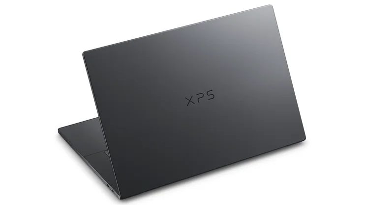 Dell XPS 16 (2026), half open, viewed from the rear