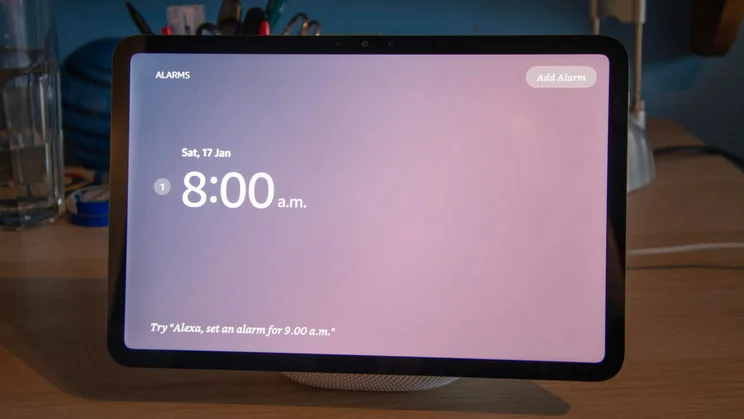 Front view of the Amazon Echo Show 11 showing the alarm clock setting
