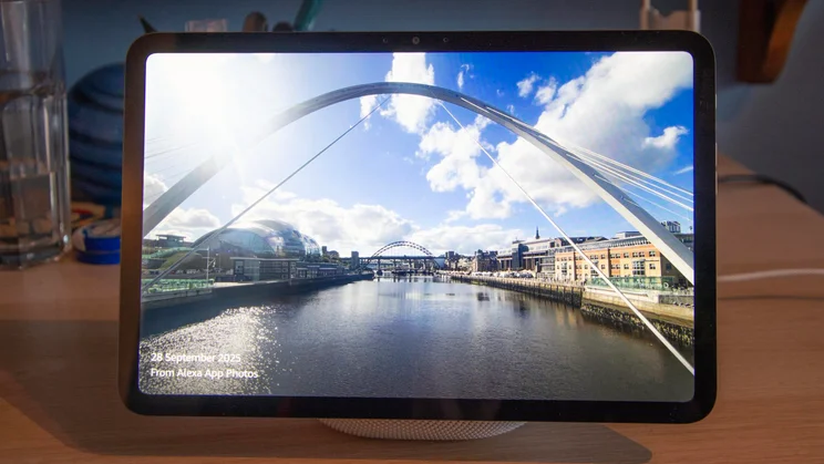 Front view of the Amazon Echo Show 11 displaying an image of the River Tyne