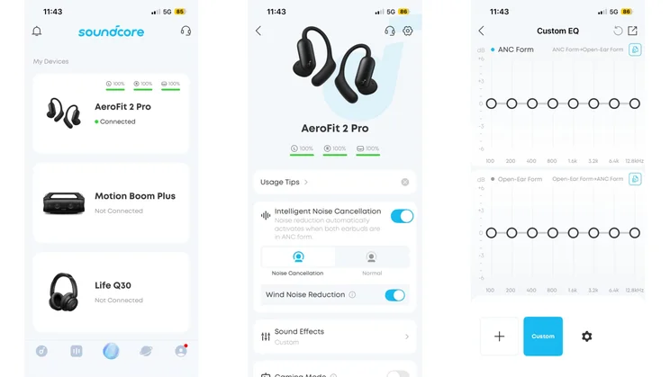 Three screenshots from the Soundcore app showing the devices page, home page and custom EQ options