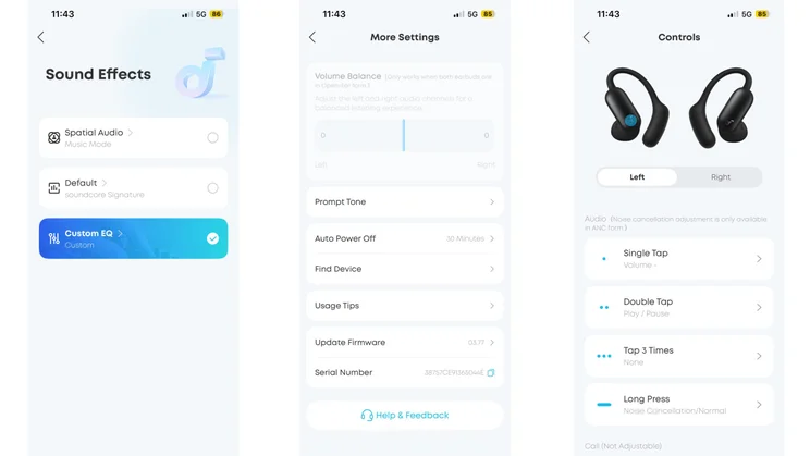 Three screenshots from the Soundcore app showing the sound effects options, main settings and control customisation