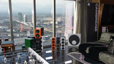 A selection of the Cambridge Audio L/R active speakers being displayed in a hotel room in Las Vegas