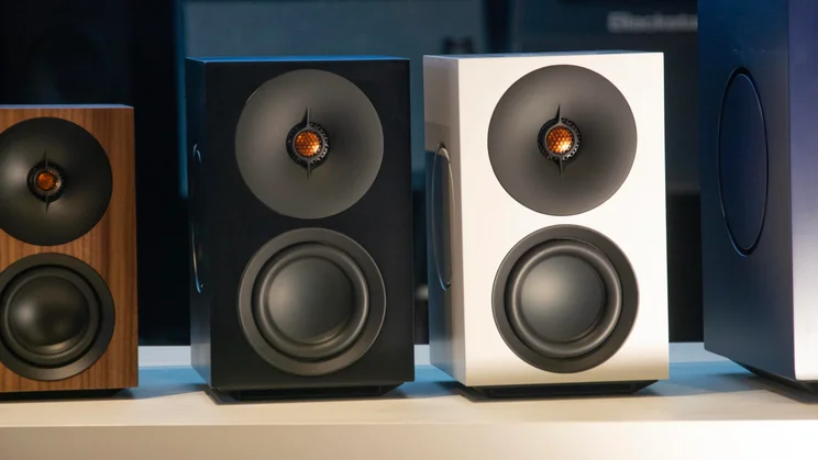 Front view of the Cambridge Audio L/R M active speakers on a table