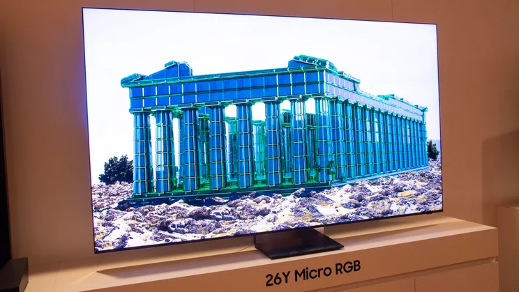 Front view of the Samsung R95H Micro LED TV displaying a picture of an ancient temple