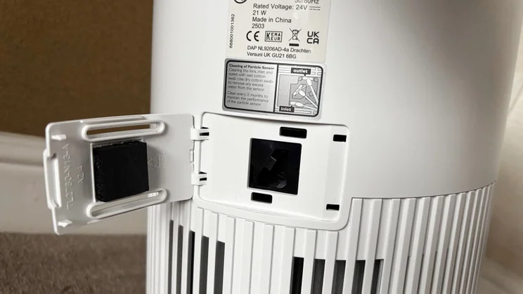 A closeup of the rear of the Philips AC0920/10 air purifier, showing the sensor