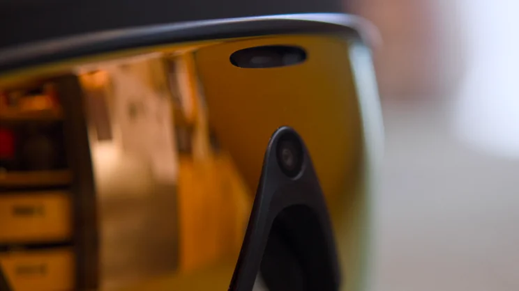 A close up of the Oakley Meta Vanguard's camera and status LED