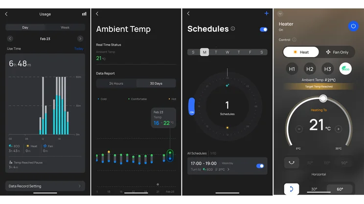 A series of screenshots from the Dreo app, for controlling and monitoring the he Dreo Smart Whole Room Heater 714s