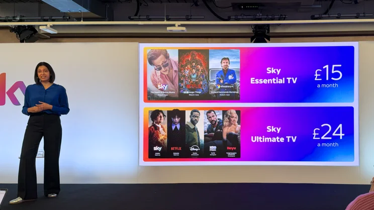 A slide showing the price of Sky's Essential TV and Ultimate TV packages