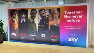 A poster at a Sky press event showcasing the new apps - Disney+, HBO Max and Hayu - that will be added to the Sky Ultimate TV package in March