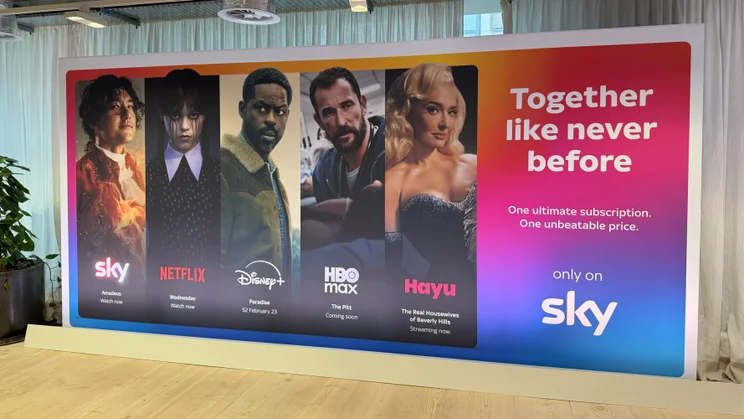 A poster at a Sky press event showcasing the new apps - Disney+, HBO Max and Hayu - that will be added to the Sky Ultimate TV package in March