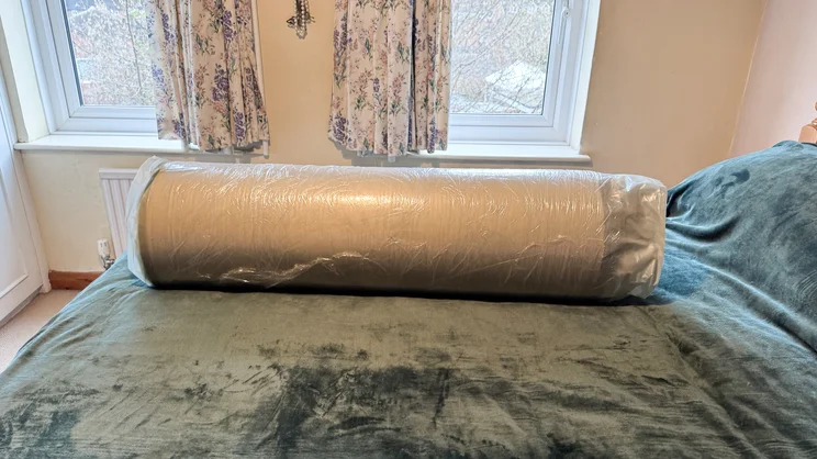 The Panda Hybrid Bamboo Mattress topper rolled up in its vacuum packaging